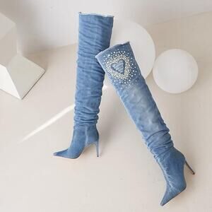 Reitoye Women Denim Thigh High Stiletto Heel Boot Pointy Toe Over knee High Boot